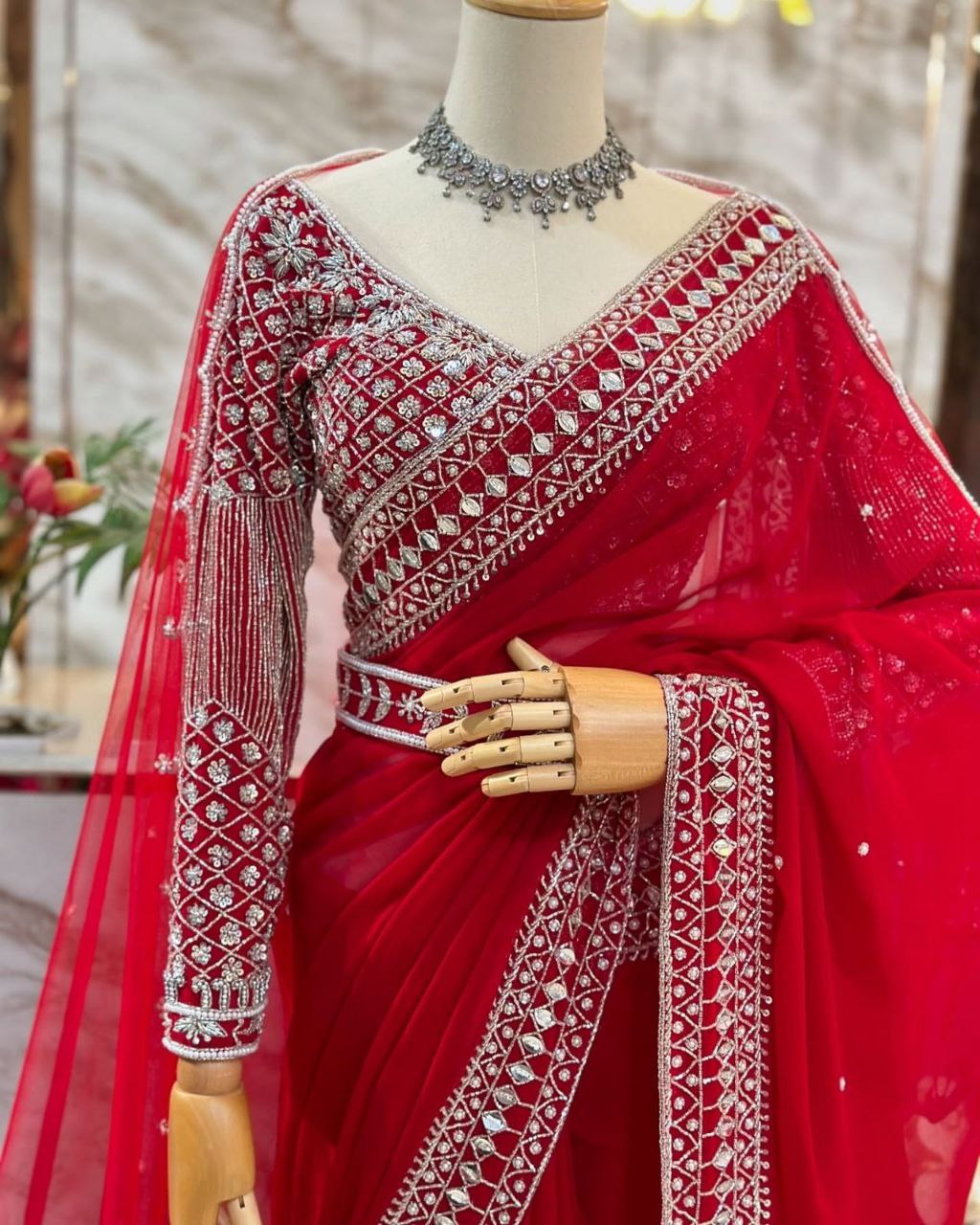 Designer Red Tibby Silk Embroidery Work Saree With Blouse