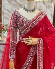 Designer Red Tibby Silk Embroidery Work Saree With Blouse