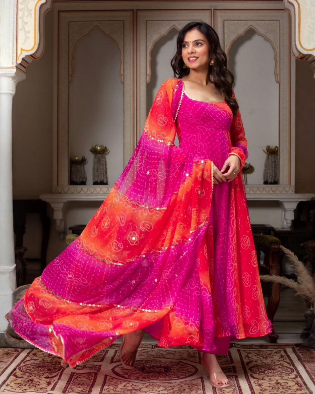 Designer Hot Pink Soft Georgette Bandhej Work Anarkali Suit With Dupatta