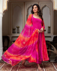 Designer Hot Pink Soft Georgette Bandhej Work Anarkali Suit With Dupatta