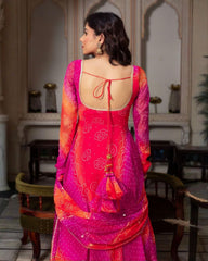 Designer Hot Pink Soft Georgette Bandhej Work Anarkali Suit With Dupatta