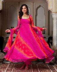 Designer Hot Pink Soft Georgette Bandhej Work Anarkali Suit With Dupatta