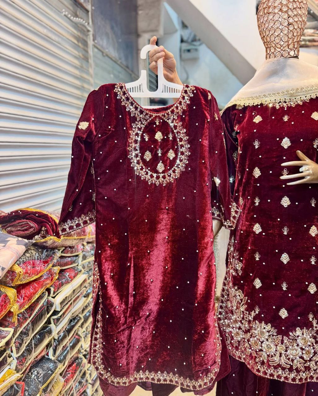 Exclusive Velvet Embroidery Work Palazo Suit With Crep Dupatta
