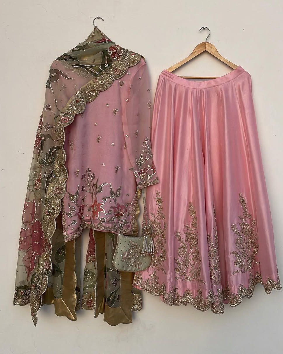 Exclusive Pink Chinon Silk Embroidery Work Sharara Suit With Dupatta