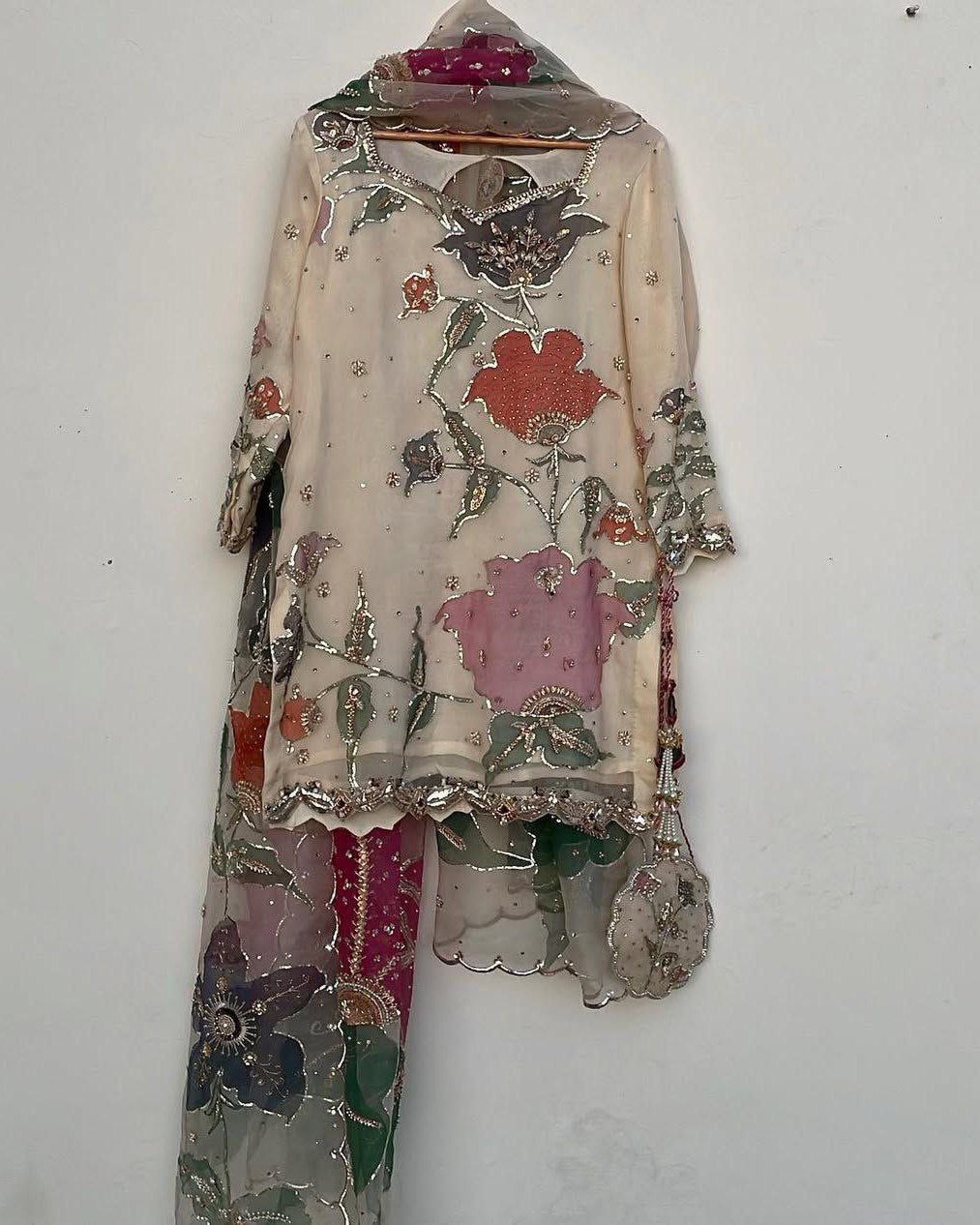 Exclusive Cream Chinon Silk Embroidery Work Sharara Suit With Dupatta