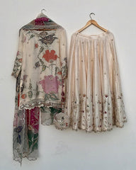 Exclusive Cream Chinon Silk Embroidery Work Sharara Suit With Dupatta