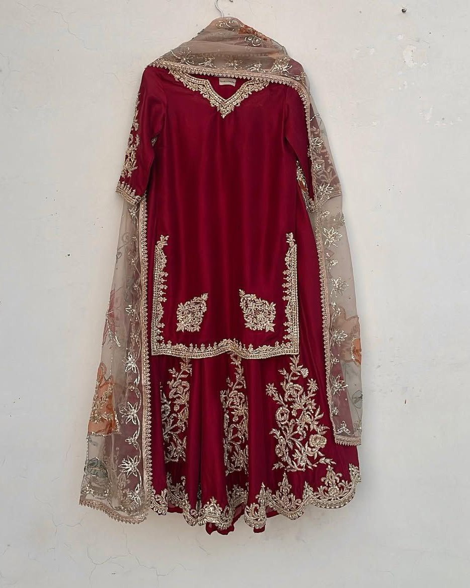 Exclusive Red Chinon Silk Embroidery Work Sharara Suit With Dupatta