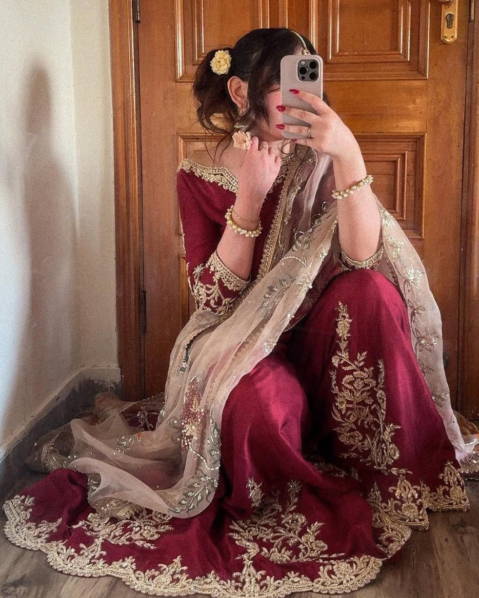 Exclusive Red Chinon Silk Embroidery Work Sharara Suit With Dupatta