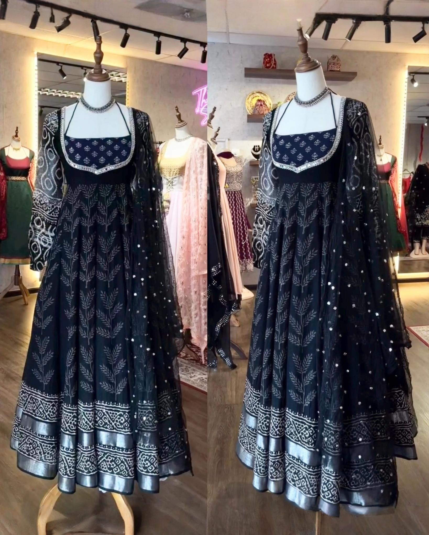 Exclusive Black Maslin Cotton Embroidery Anarkali Pant With Dupatta