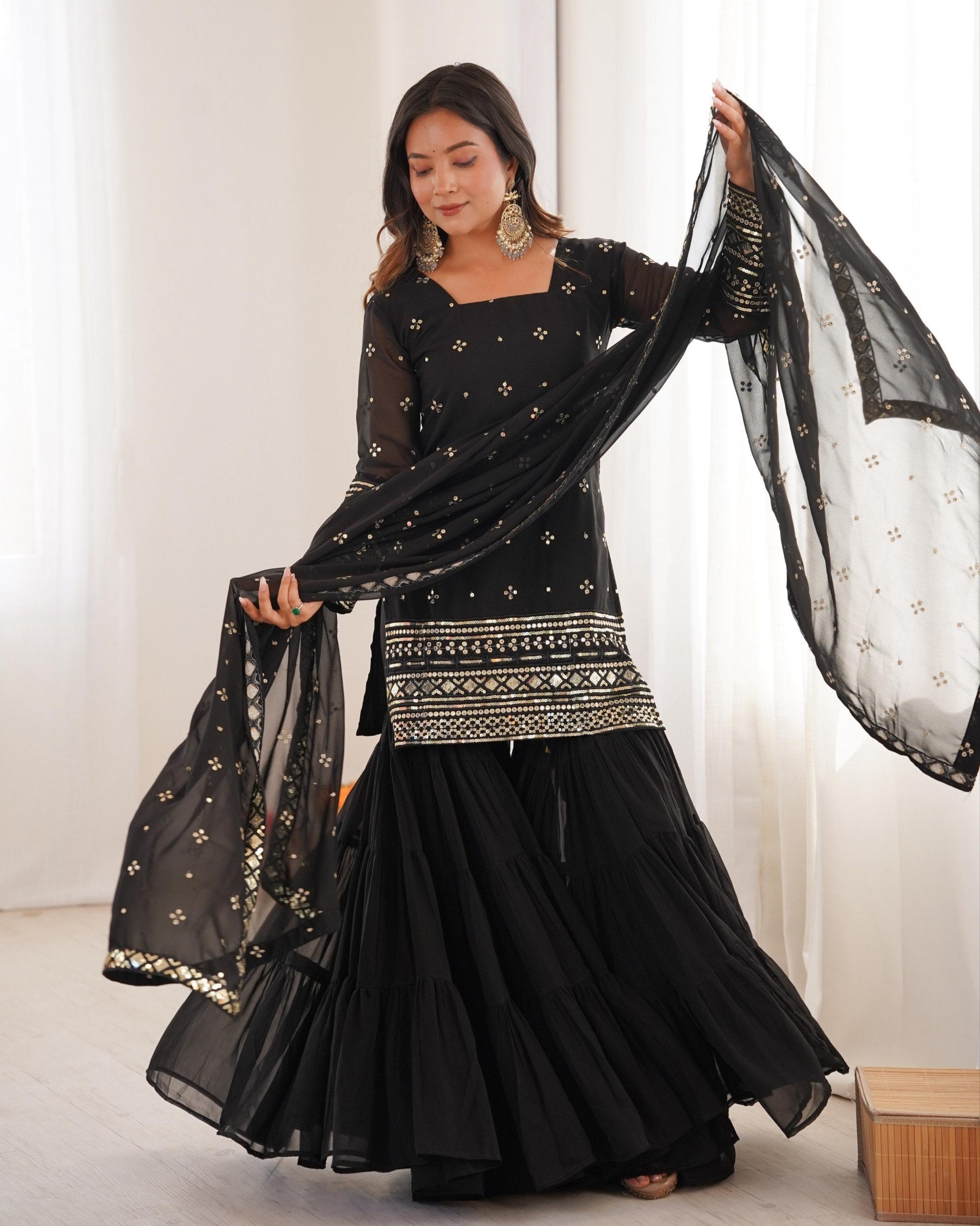 Exclusive Black Heavy Georgette Fancy Embroidery Gharara Suit With Dupatta