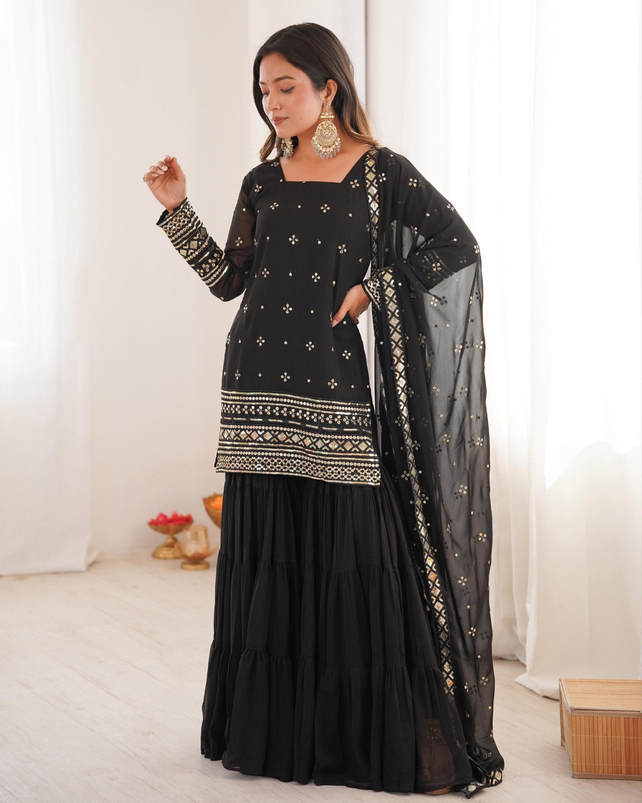 Exclusive Black Heavy Georgette Fancy Embroidery Gharara Suit With Dupatta