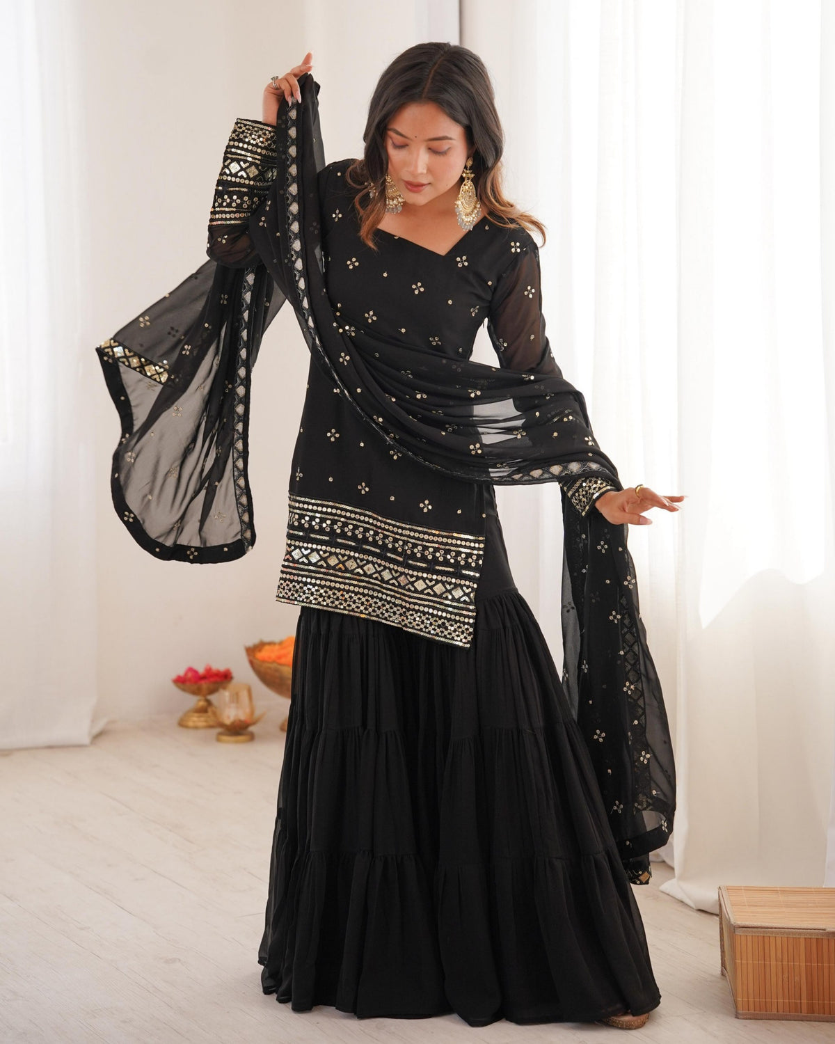 Exclusive Black Heavy Georgette Fancy Embroidery Gharara Suit With Dupatta