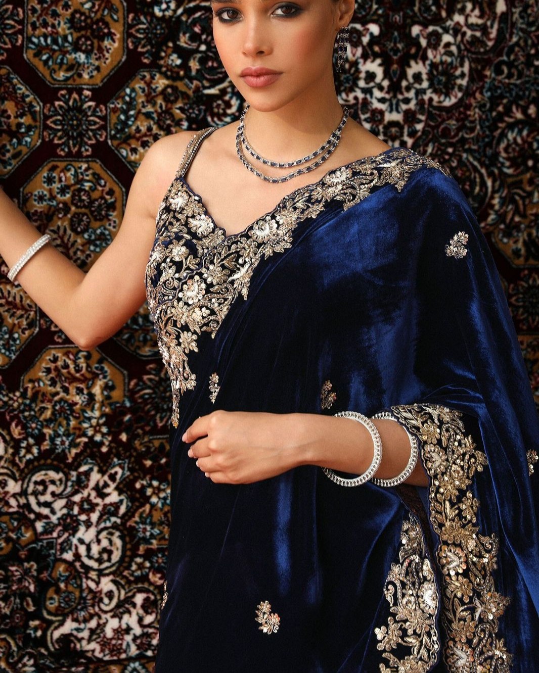 Exclusive Blue Premium Velvet Embroidery Saree With Blouse