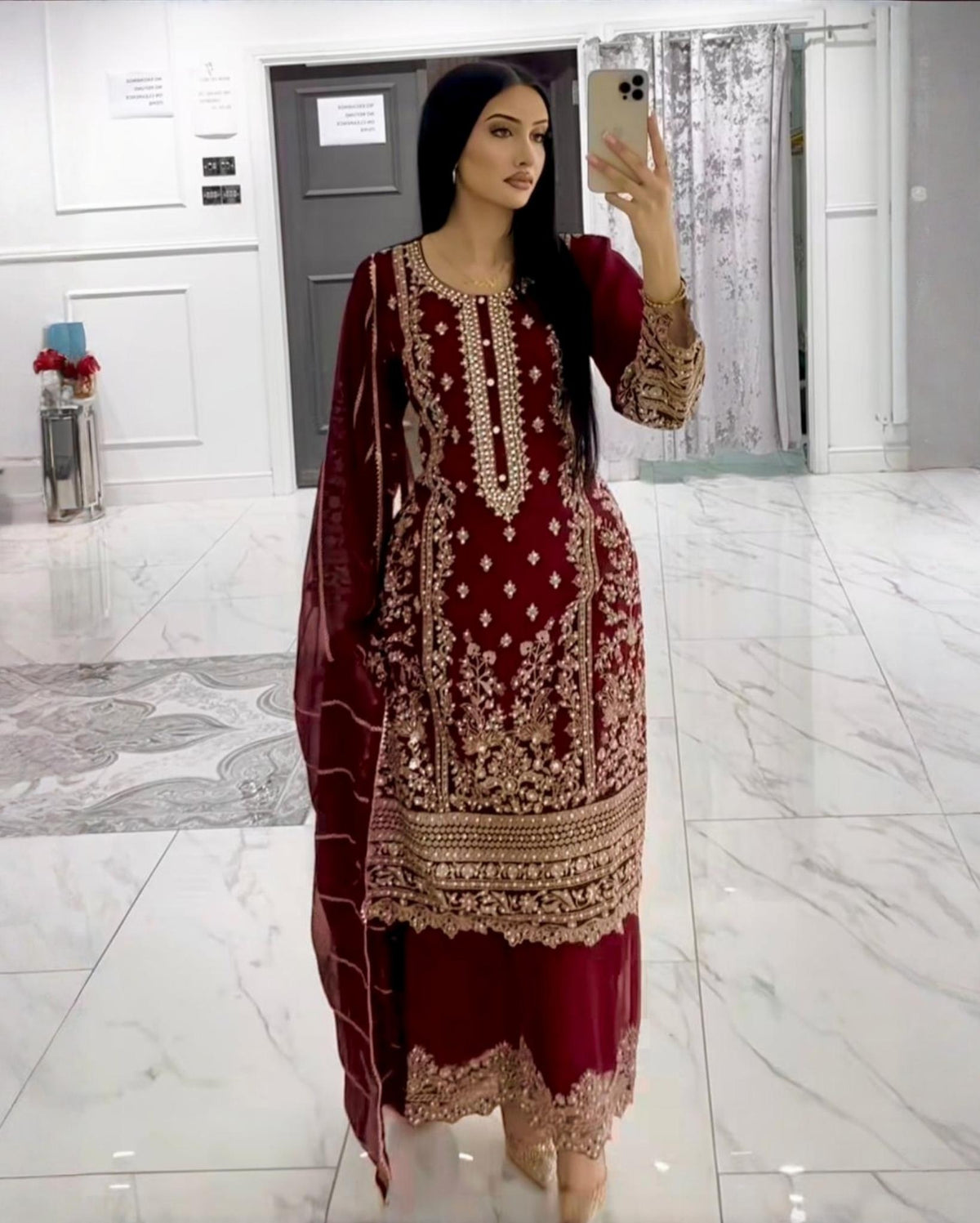 Exclusive Maroon Soft Georgette Embroidery Palazo Kurti With Dupatta