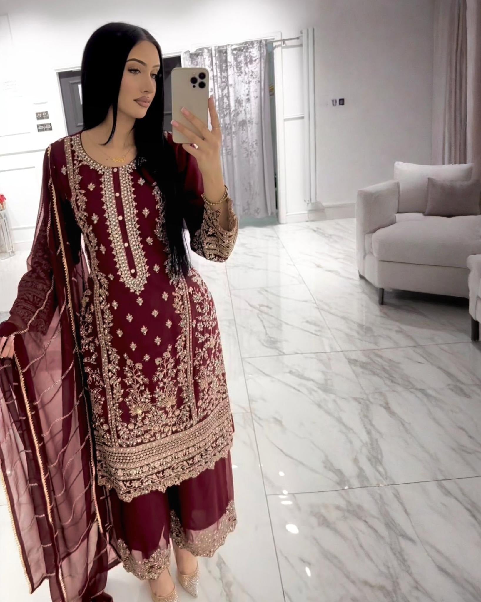 Exclusive Maroon Soft Georgette Embroidery Palazo Kurti With Dupatta