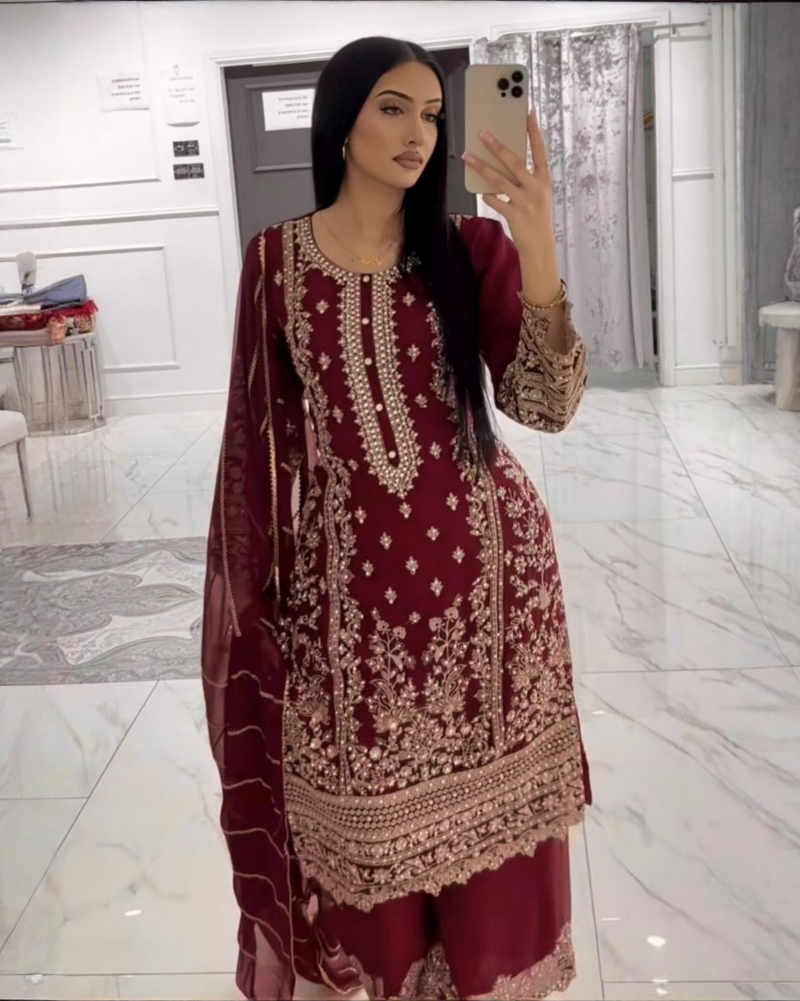 Exclusive Maroon Soft Georgette Embroidery Palazo Kurti With Dupatta
