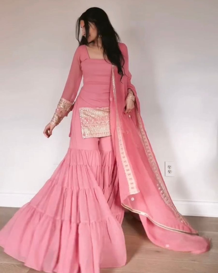 Exclusive Dusty Rose Pink Soft Georgette Embroidery Gharara Suit With Dupatta