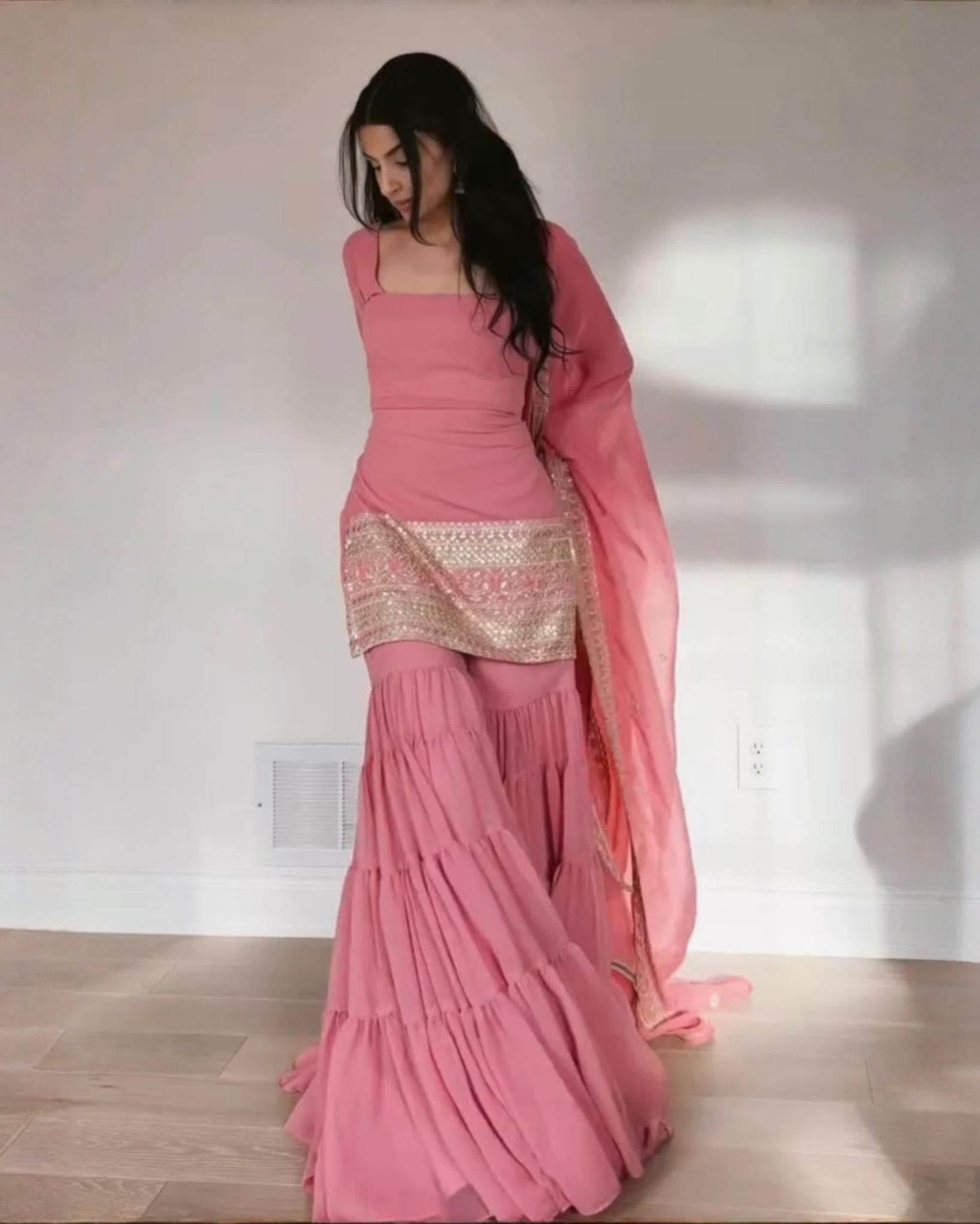 Exclusive Dusty Rose Pink Soft Georgette Embroidery Gharara Suit With Dupatta