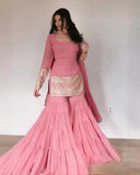 Exclusive Dusty Rose Pink Soft Georgette Embroidery Gharara Suit With Dupatta