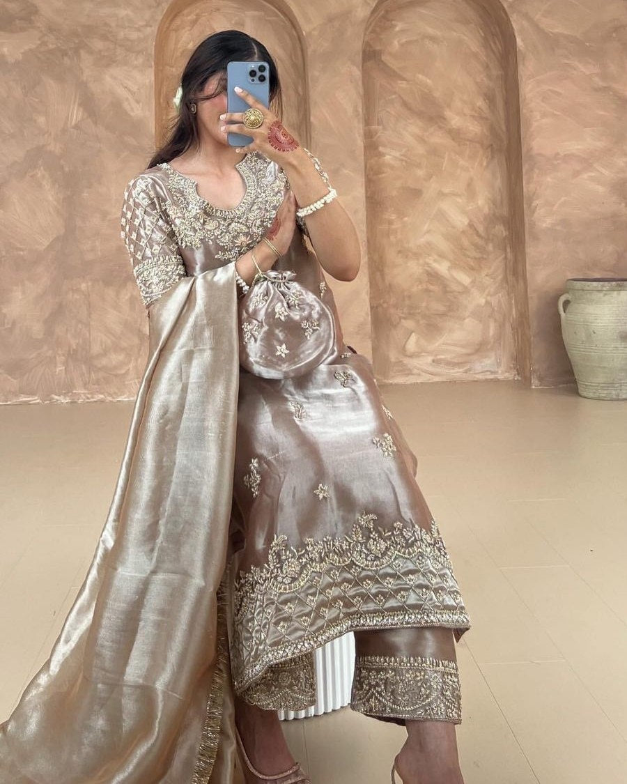 Exclusive Gold Silk Pant Kurti With Dupatta