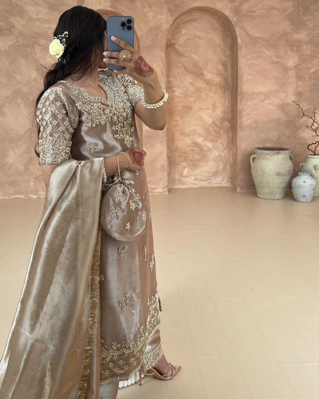 Exclusive Gold Silk Pant Kurti With Dupatta
