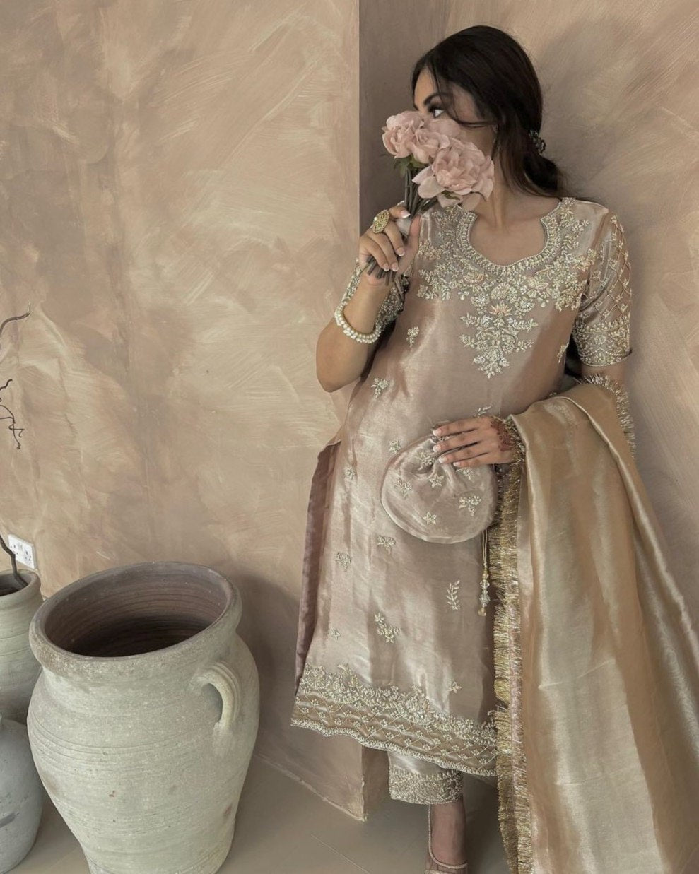 Exclusive Gold Silk Pant Kurti With Dupatta
