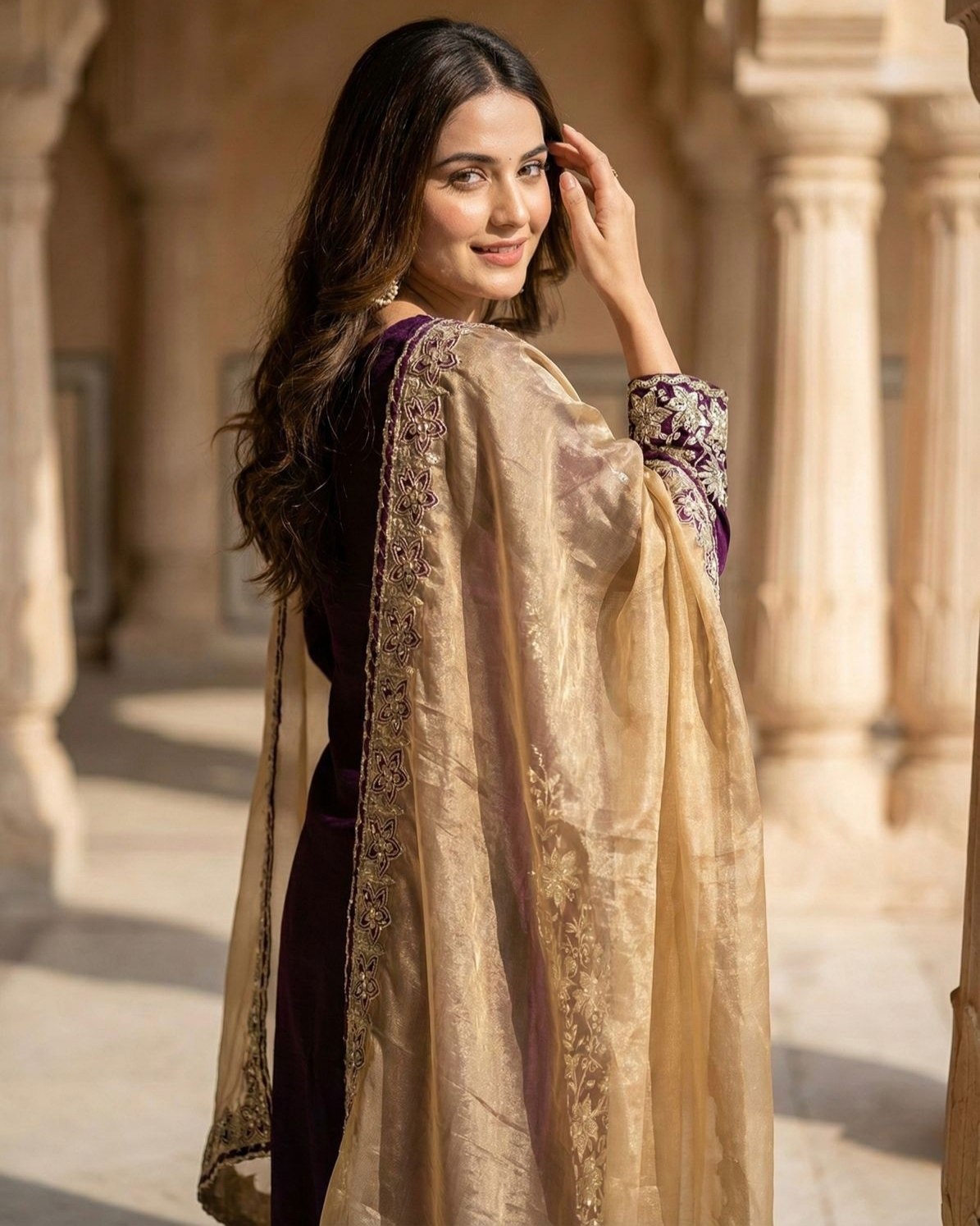 Exclusive Purple Chinon Silk Palazo Kurti With Dupatta