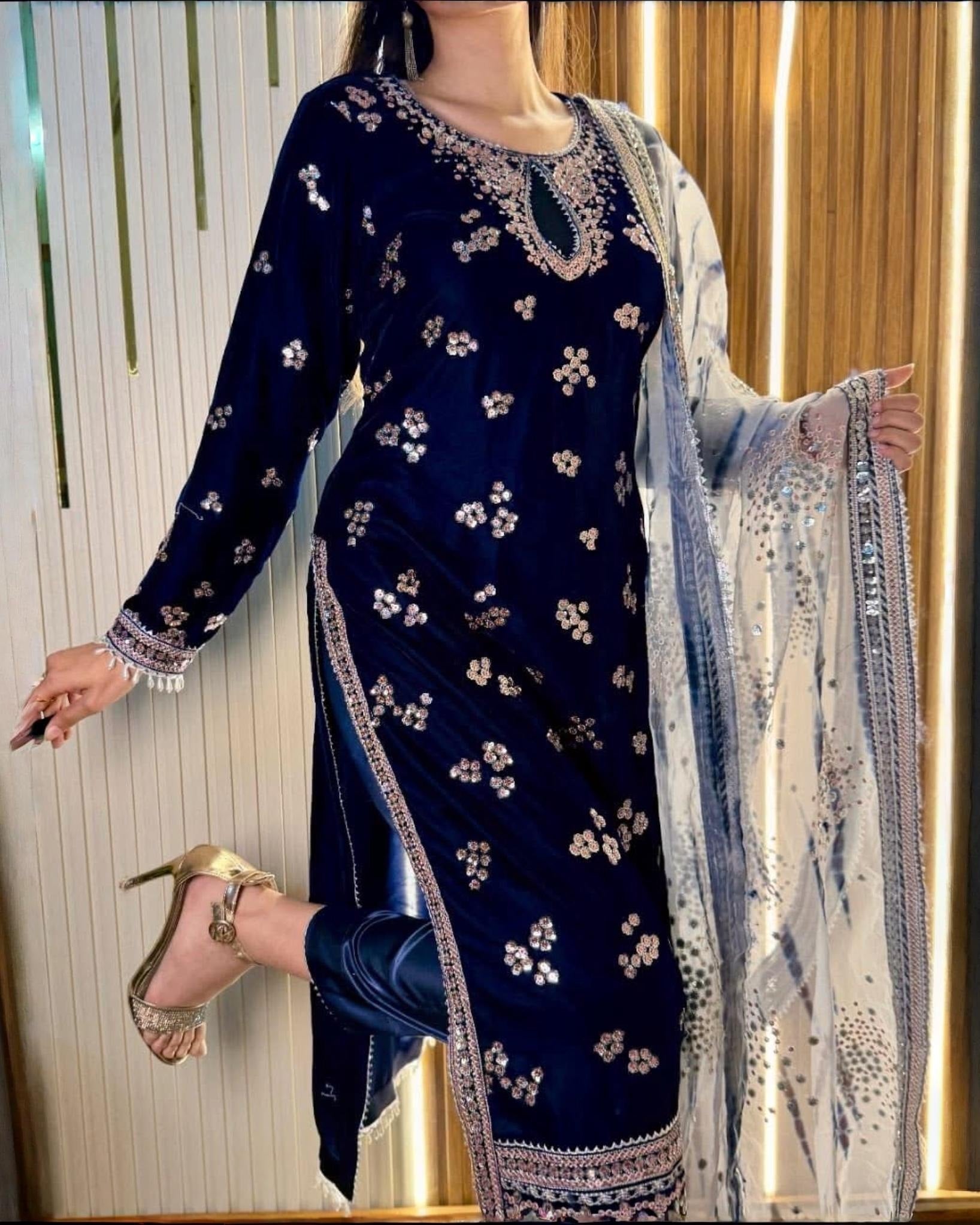 Exclusive Blue Premium Velvet Embroidery Kurti Pant With Dupatta