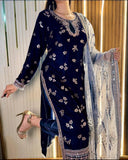 Exclusive Blue Premium Velvet Embroidery Kurti Pant With Dupatta