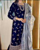 Exclusive Blue Premium Velvet Embroidery Kurti Pant With Dupatta