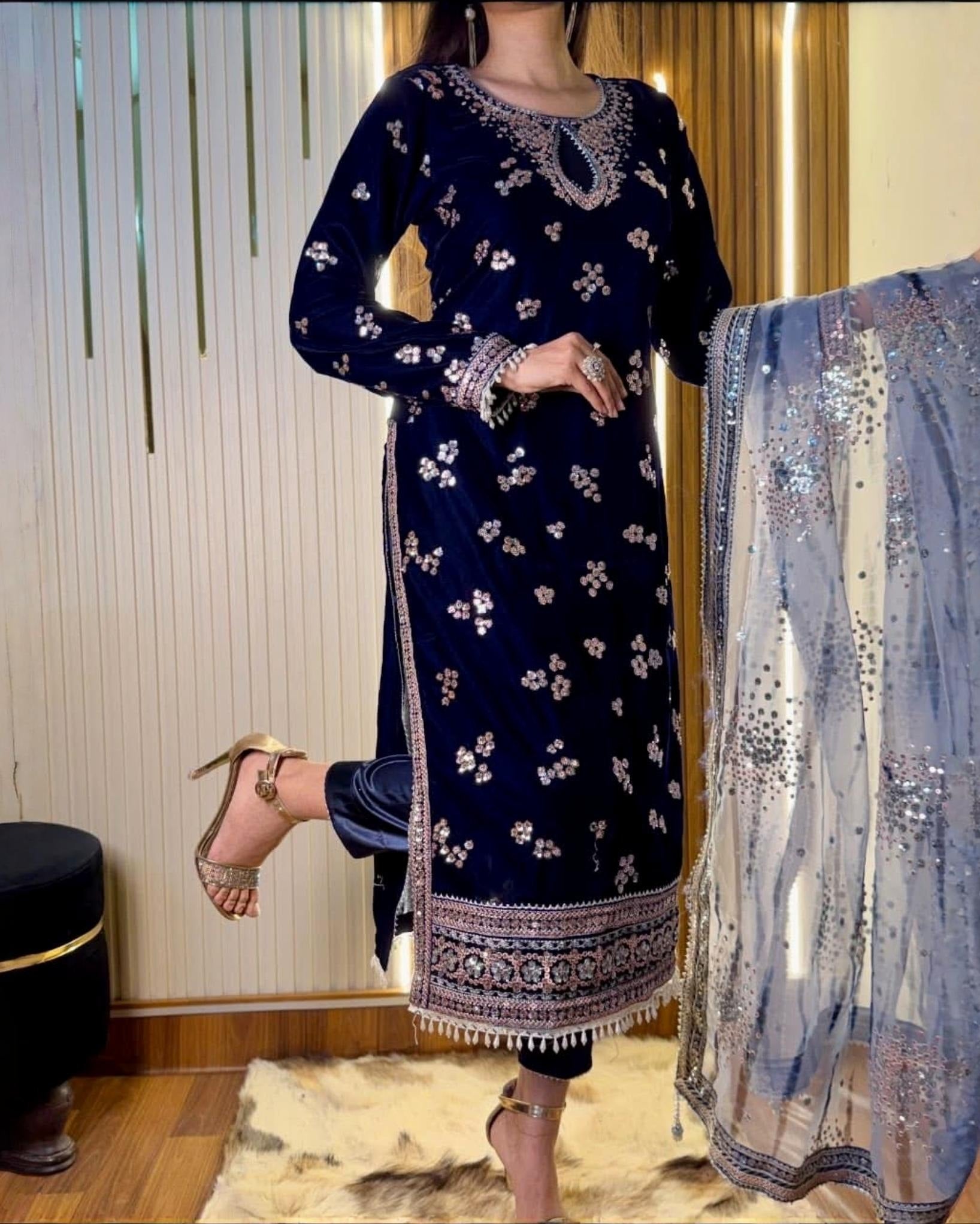 Exclusive Blue Premium Velvet Embroidery Kurti Pant With Dupatta