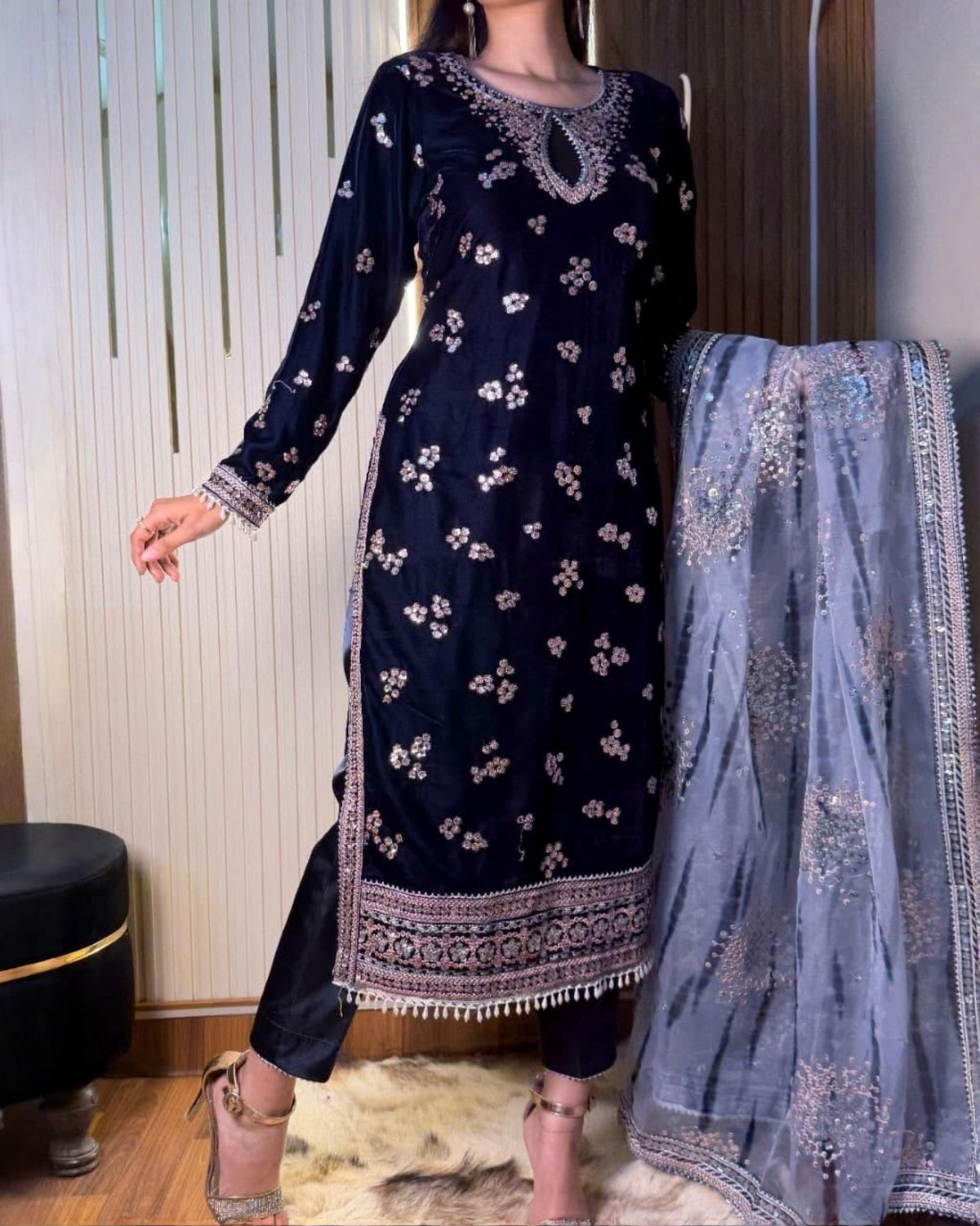 Exclusive Blue Premium Velvet Embroidery Kurti Pant With Dupatta