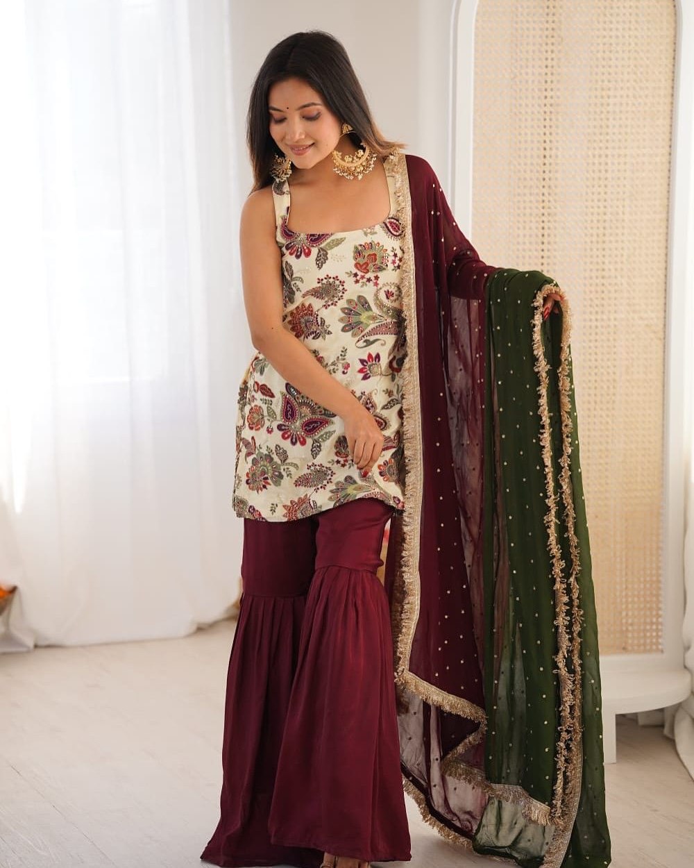 Exclusive Ivory Maroon Natural Silk Embroidery Gharara Suit With Green Dupatta
