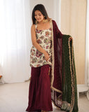 Exclusive Ivory Maroon Natural Silk Embroidery Gharara Suit With Green Dupatta