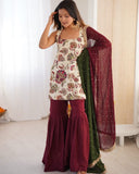 Exclusive Ivory Maroon Natural Silk Embroidery Gharara Suit With Green Dupatta