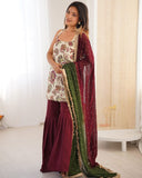 Exclusive Ivory Maroon Natural Silk Embroidery Gharara Suit With Green Dupatta