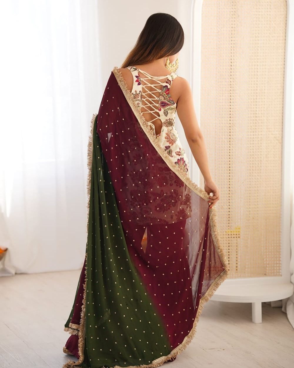 Exclusive Ivory Maroon Natural Silk Embroidery Gharara Suit With Green Dupatta