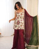 Exclusive Ivory Maroon Natural Silk Embroidery Gharara Suit With Green Dupatta