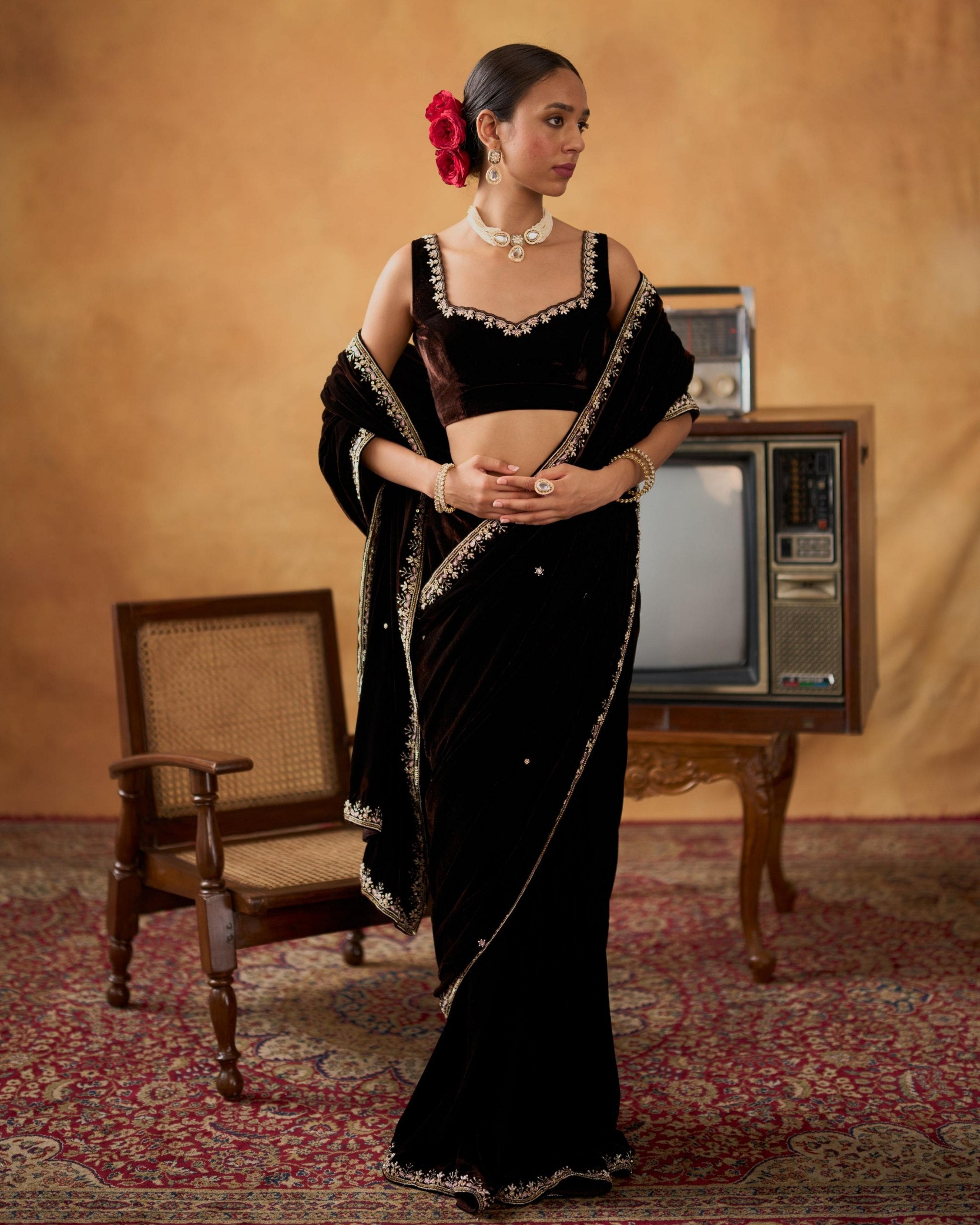 Exclusive Black Velvet Premium Velvet Embroidery Saree With Blouse