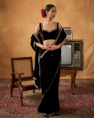 Exclusive Black Velvet Premium Velvet Embroidery Saree With Blouse