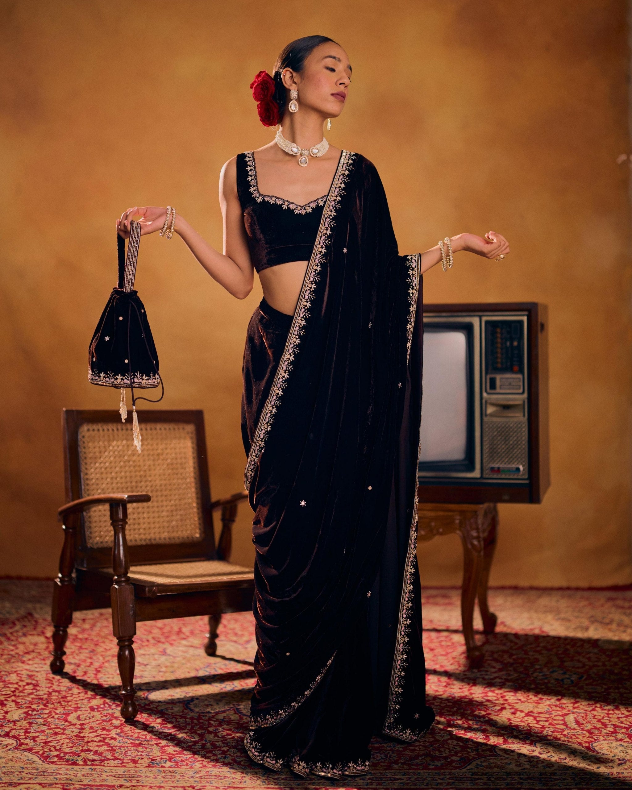 Exclusive Black Velvet Premium Velvet Embroidery Saree With Blouse
