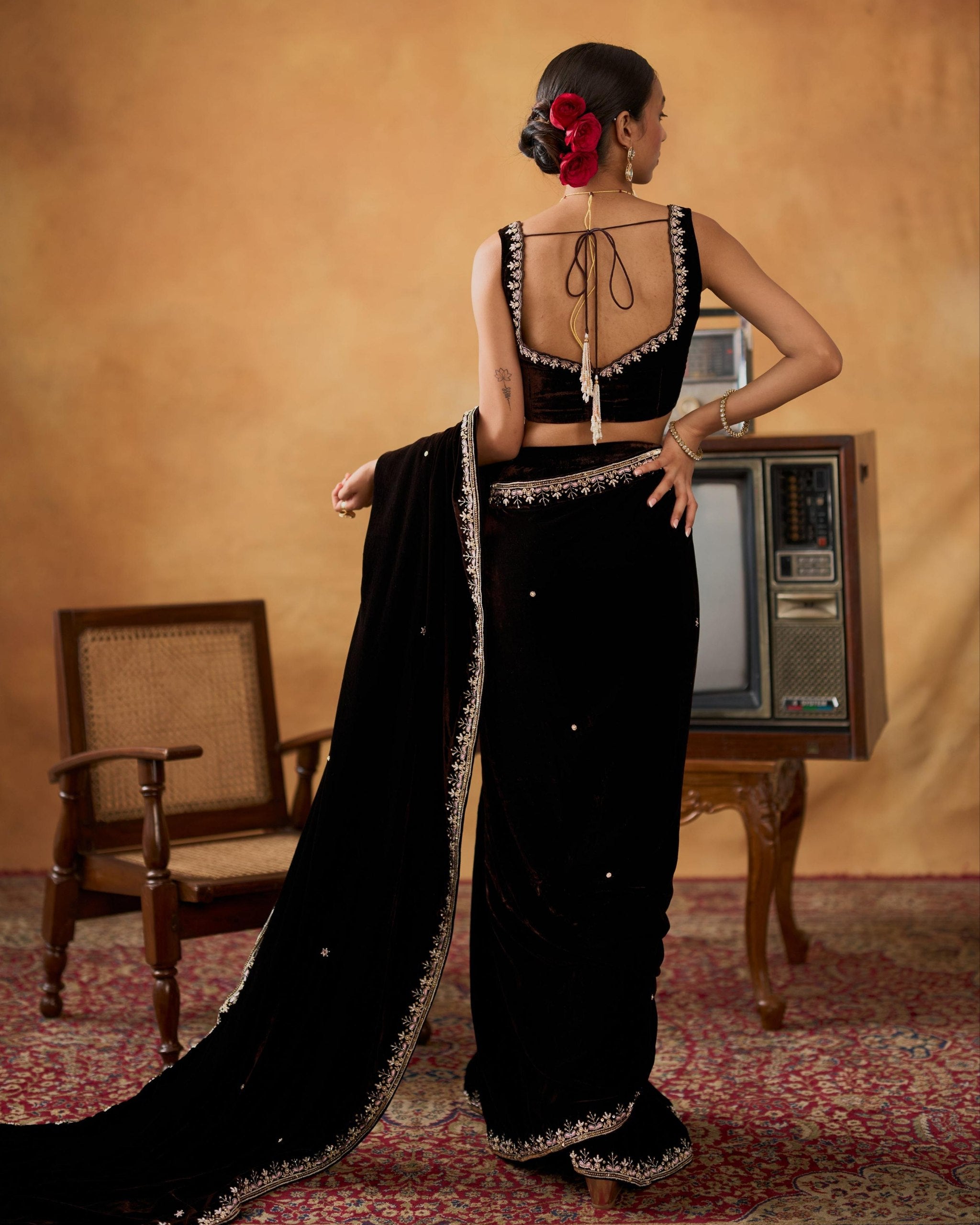 Exclusive Black Velvet Premium Velvet Embroidery Saree With Blouse