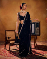 Exclusive Black Velvet Premium Velvet Embroidery Saree With Blouse