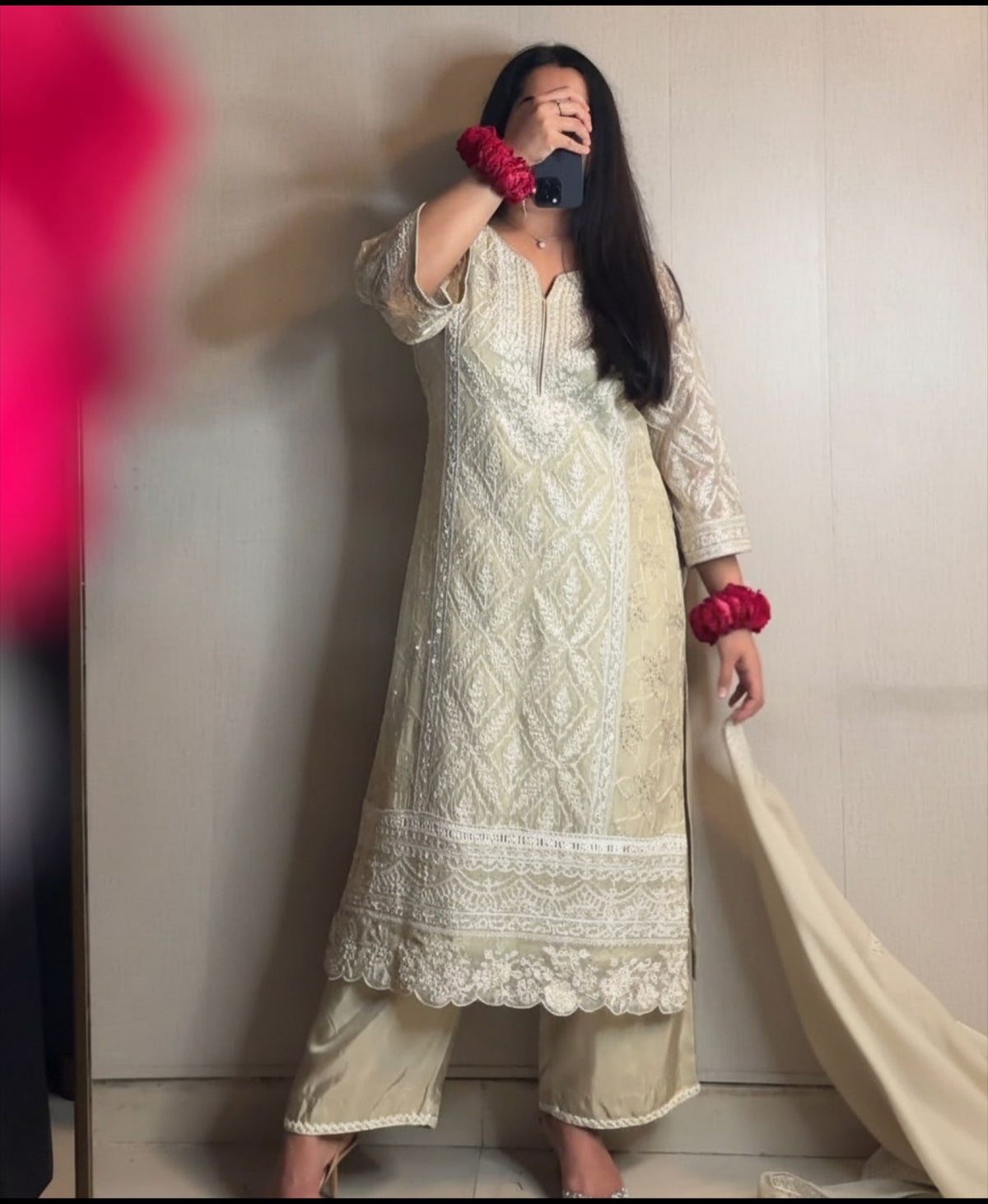 Exclusive Ivory Soft Georgette Embroidery Kurti Set With Dupatta