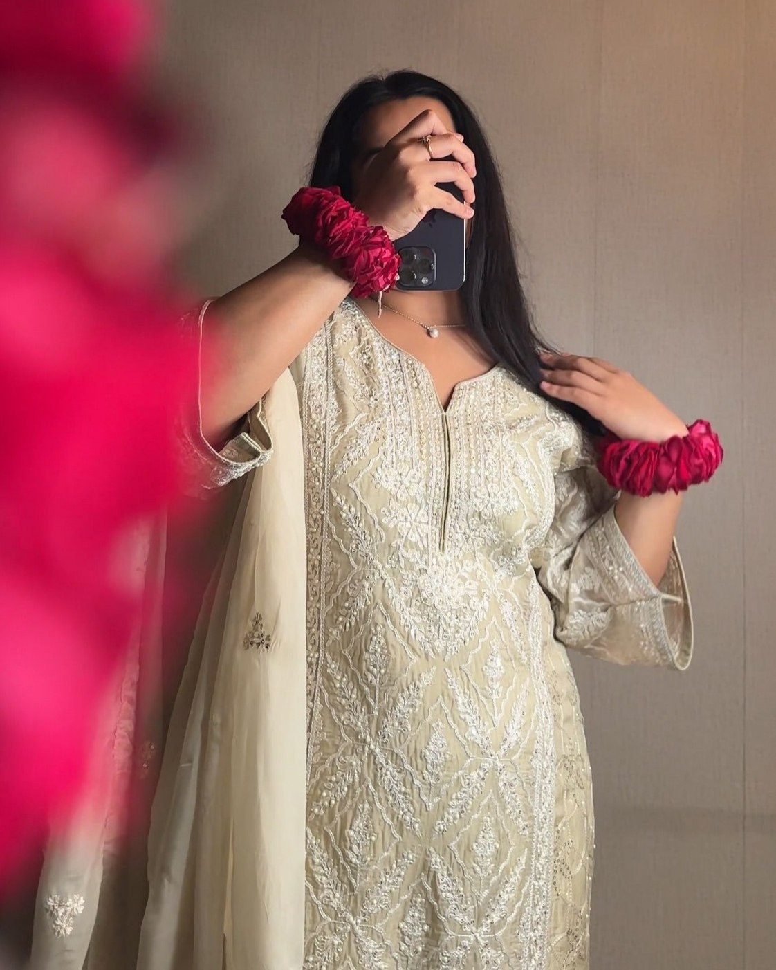 Exclusive Ivory Soft Georgette Embroidery Kurti Set With Dupatta