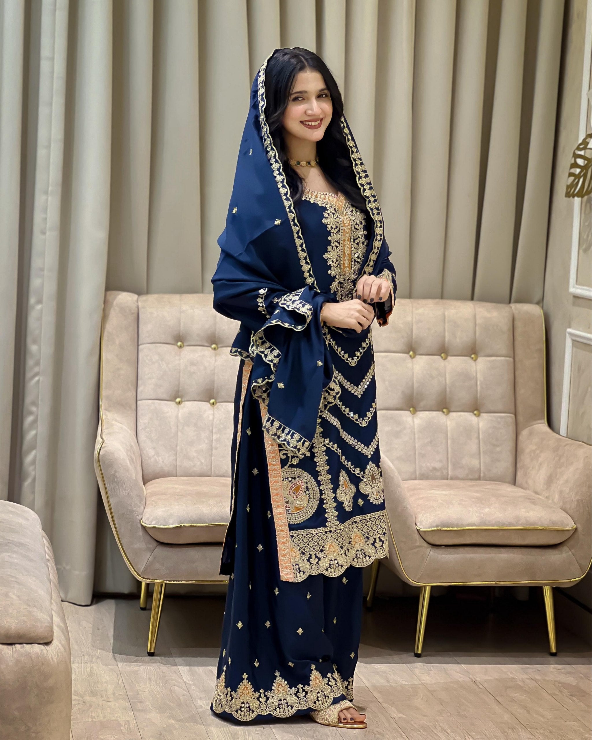 Exclusive Blue Soft Chinon Silk Palazo Kurti With Dupatta