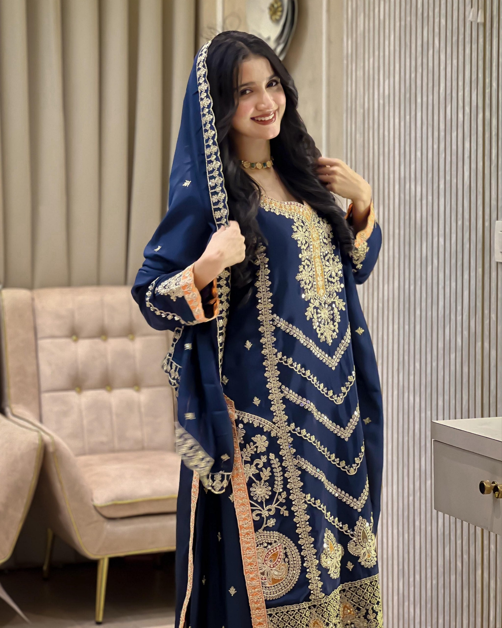 Exclusive Blue Soft Chinon Silk Palazo Kurti With Dupatta