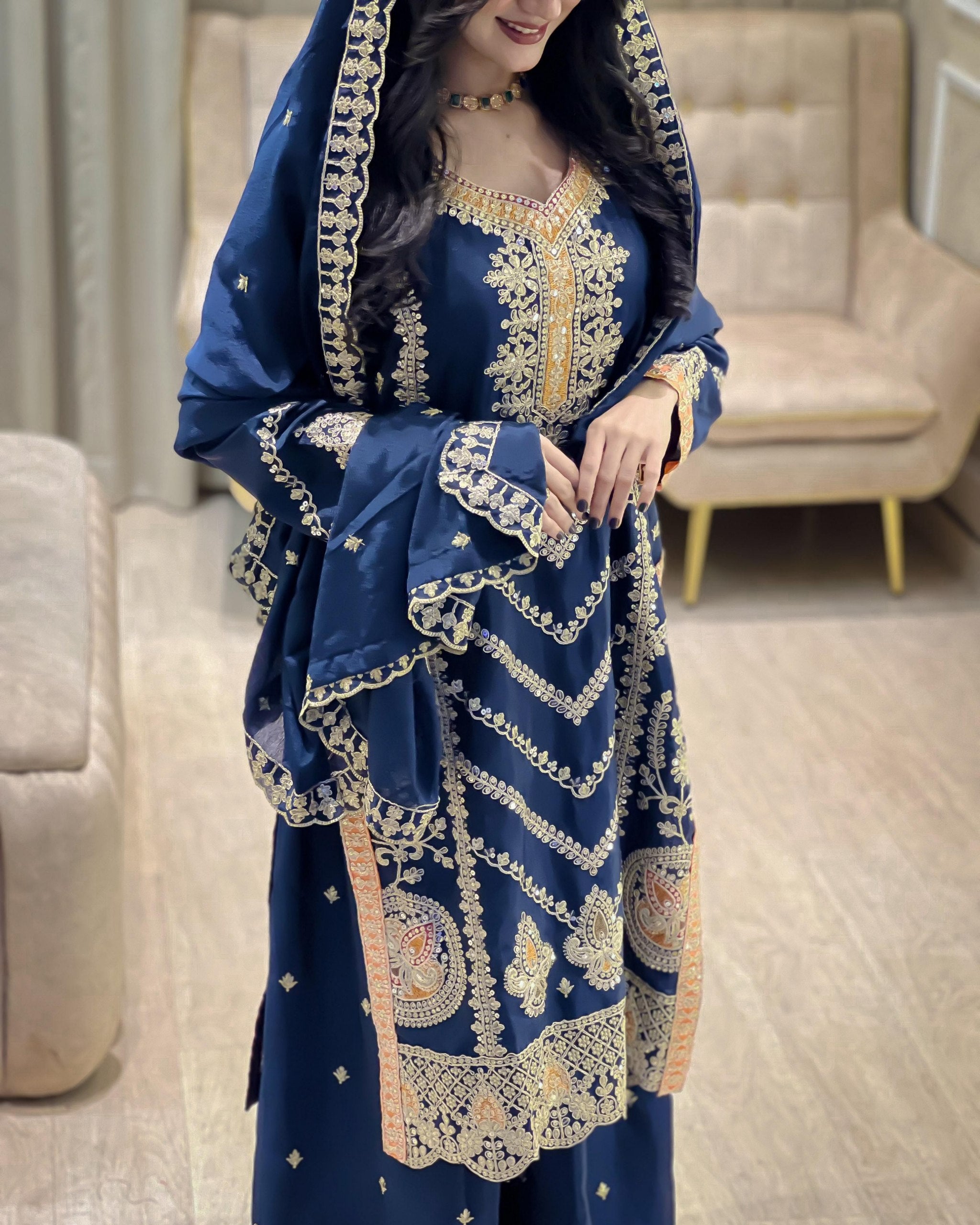 Exclusive Blue Soft Chinon Silk Palazo Kurti With Dupatta