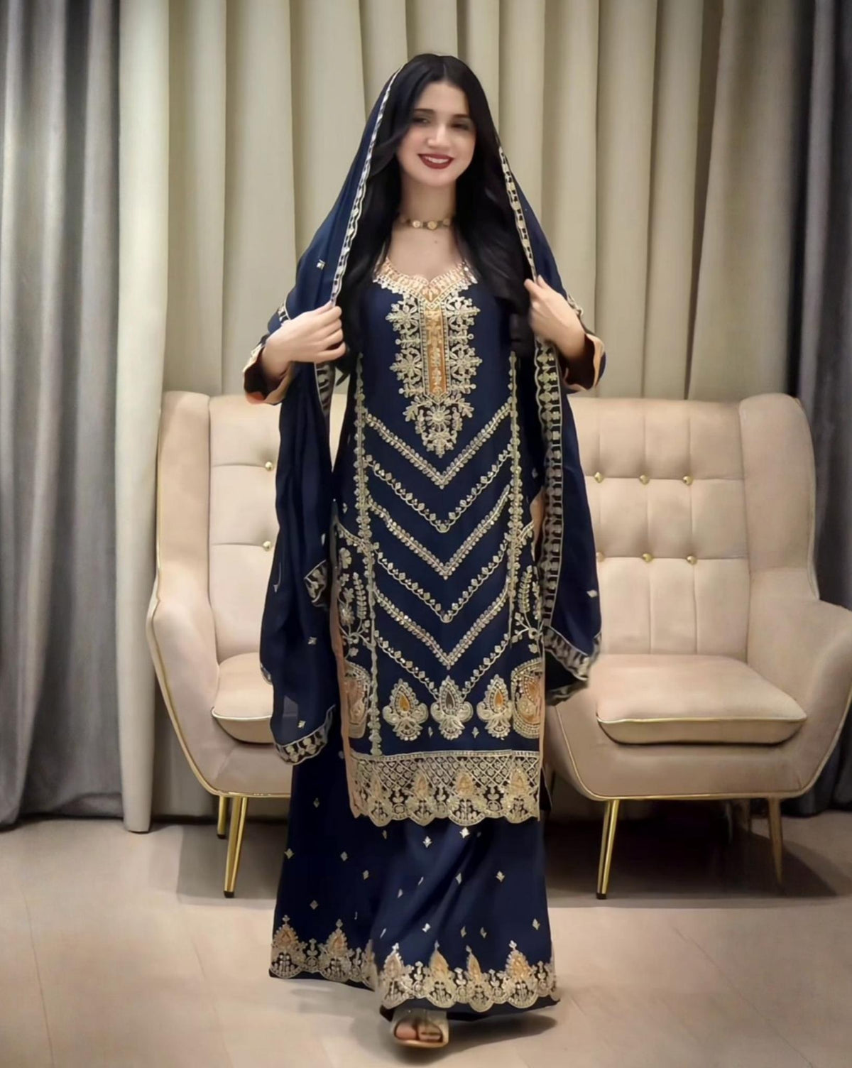 Exclusive Blue Soft Chinon Silk Palazo Kurti With Dupatta