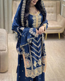 Exclusive Blue Soft Chinon Silk Palazo Kurti With Dupatta
